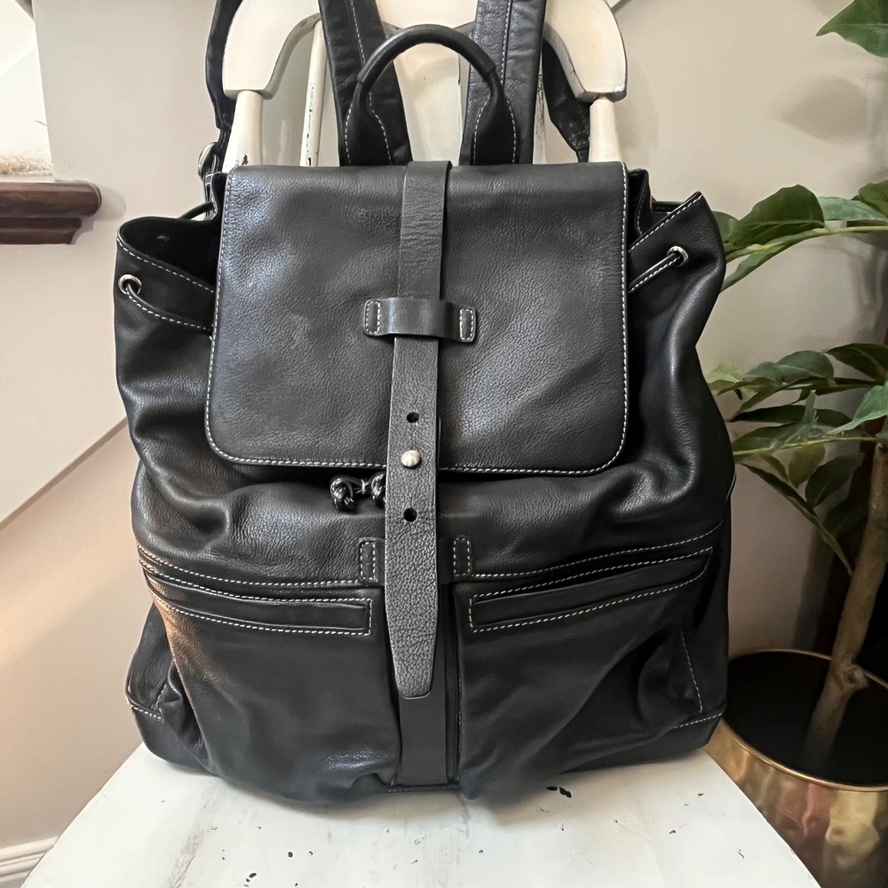Vintage Kenneth Cole Black Leather Backpack Drawstring Laptop Travel Bag Y2K